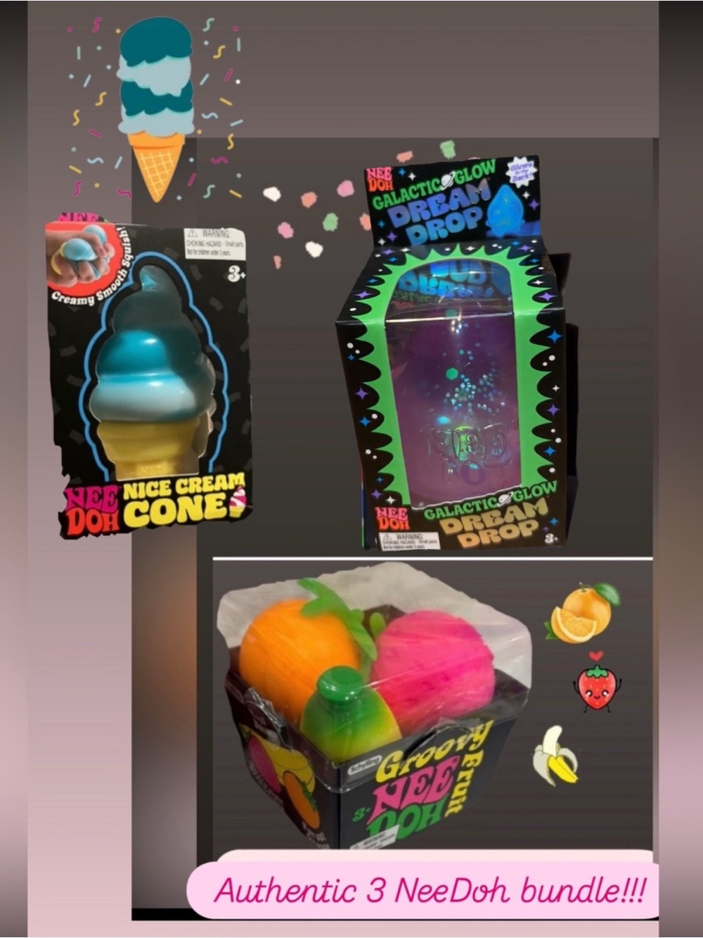 3 rare NeeDoh Groovy Fruit -Galactic Dream Drop-ice cream bundle!!! 🍊🍓🍌💜🍦